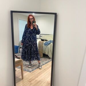 Free People Blue Tiered Sundress with Bishop Sleeves